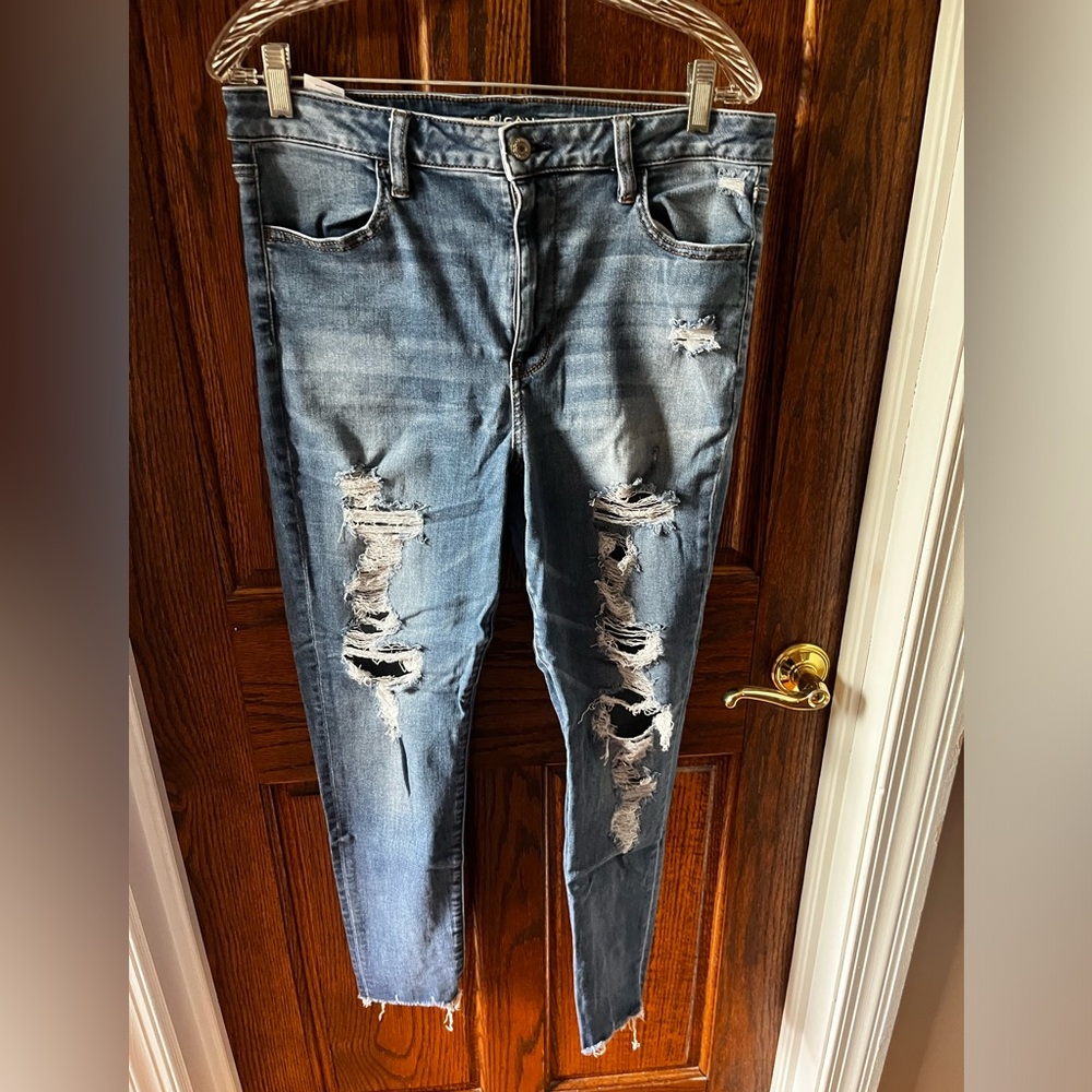 american eagle dark blue distressed hi rise jegging